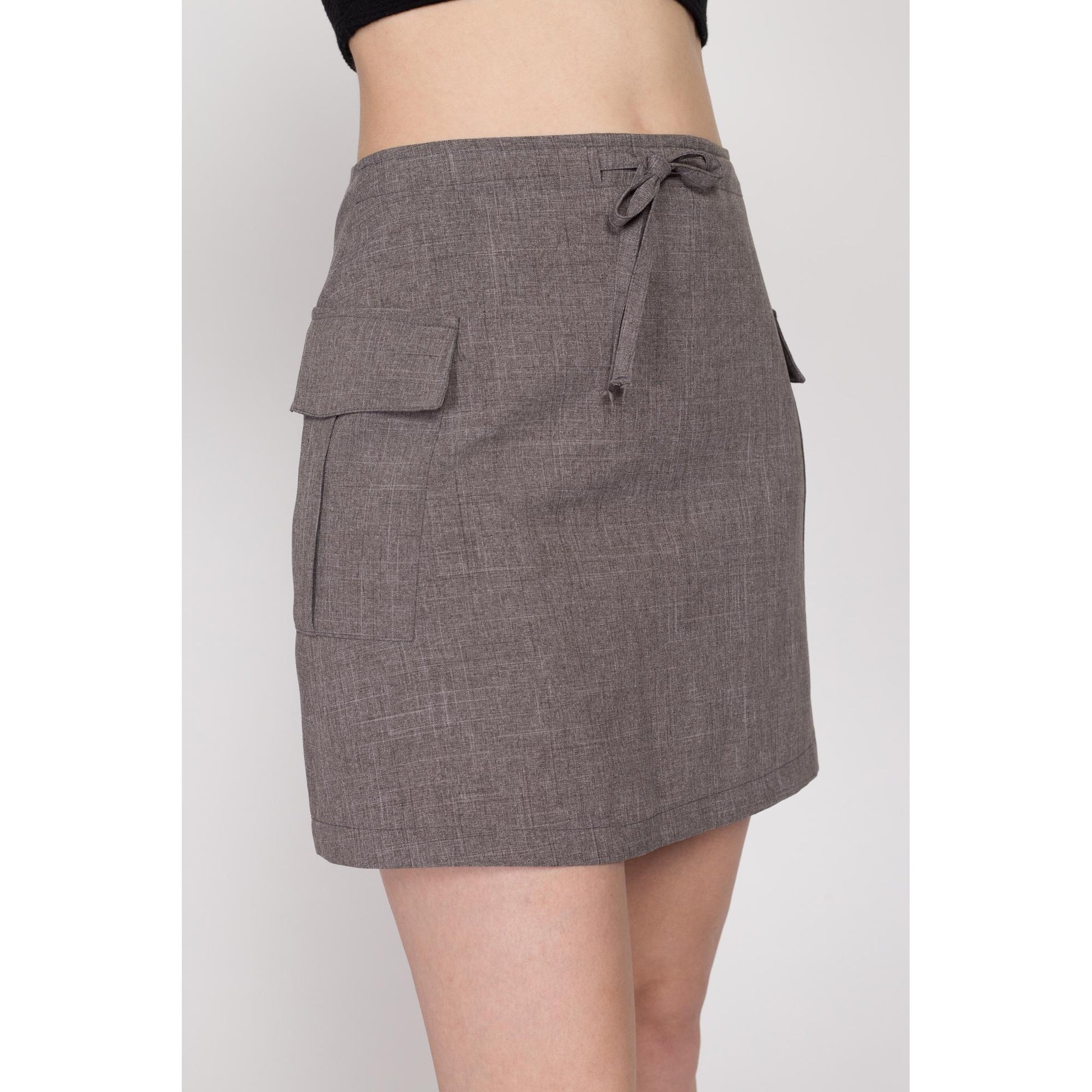 Small 90s Grey Cargo Pocket Mini Skirt 26" | Vintage High Waisted Drawstring A Line Grunge Miniskirt