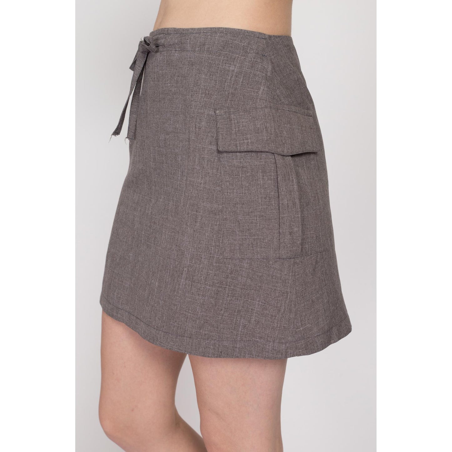 Small 90s Grey Cargo Pocket Mini Skirt 26" | Vintage High Waisted Drawstring A Line Grunge Miniskirt