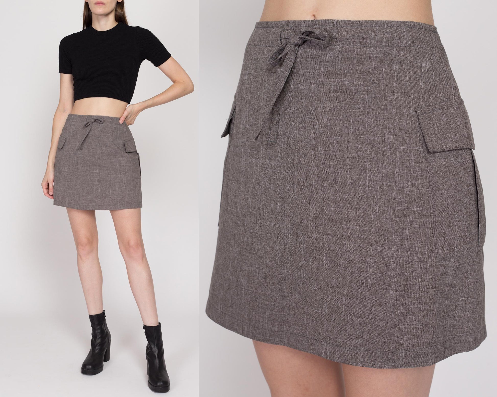 Small 90s Grey Cargo Pocket Mini Skirt 26" | Vintage High Waisted Drawstring A Line Grunge Miniskirt