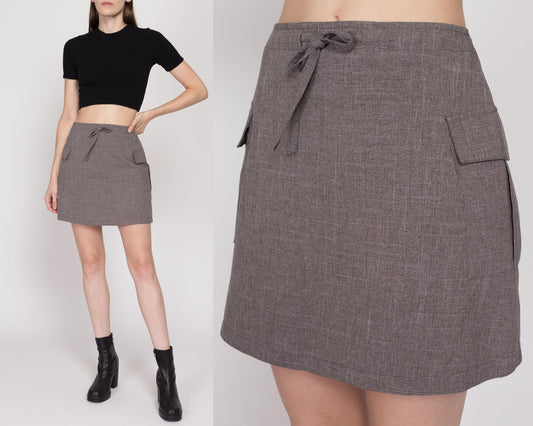 Small 90s Grey Cargo Pocket Mini Skirt 26" | Vintage High Waisted Drawstring A Line Grunge Miniskirt