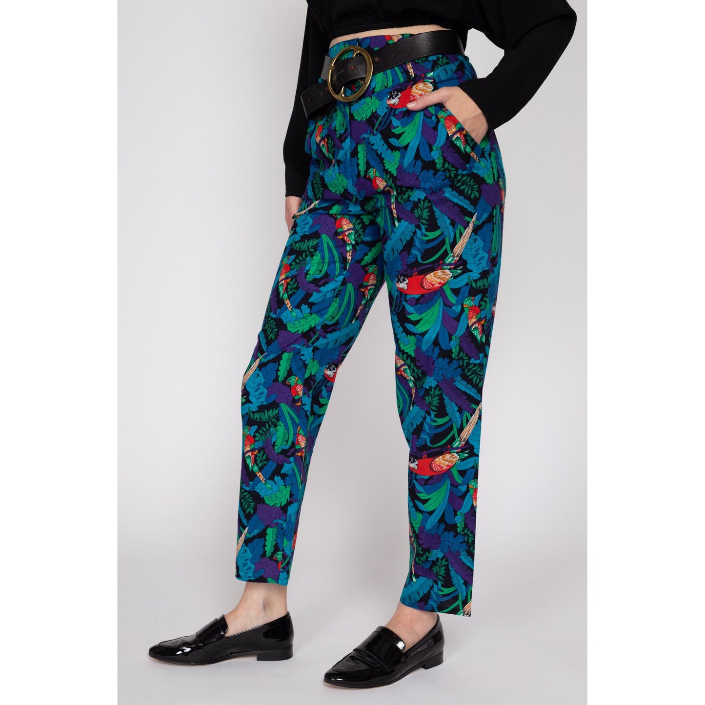 Medium 80s Tropical Parrot Print High Waisted Pants 29" | Vintage Floral Leaf Print Tapered Leg Retro Trousers