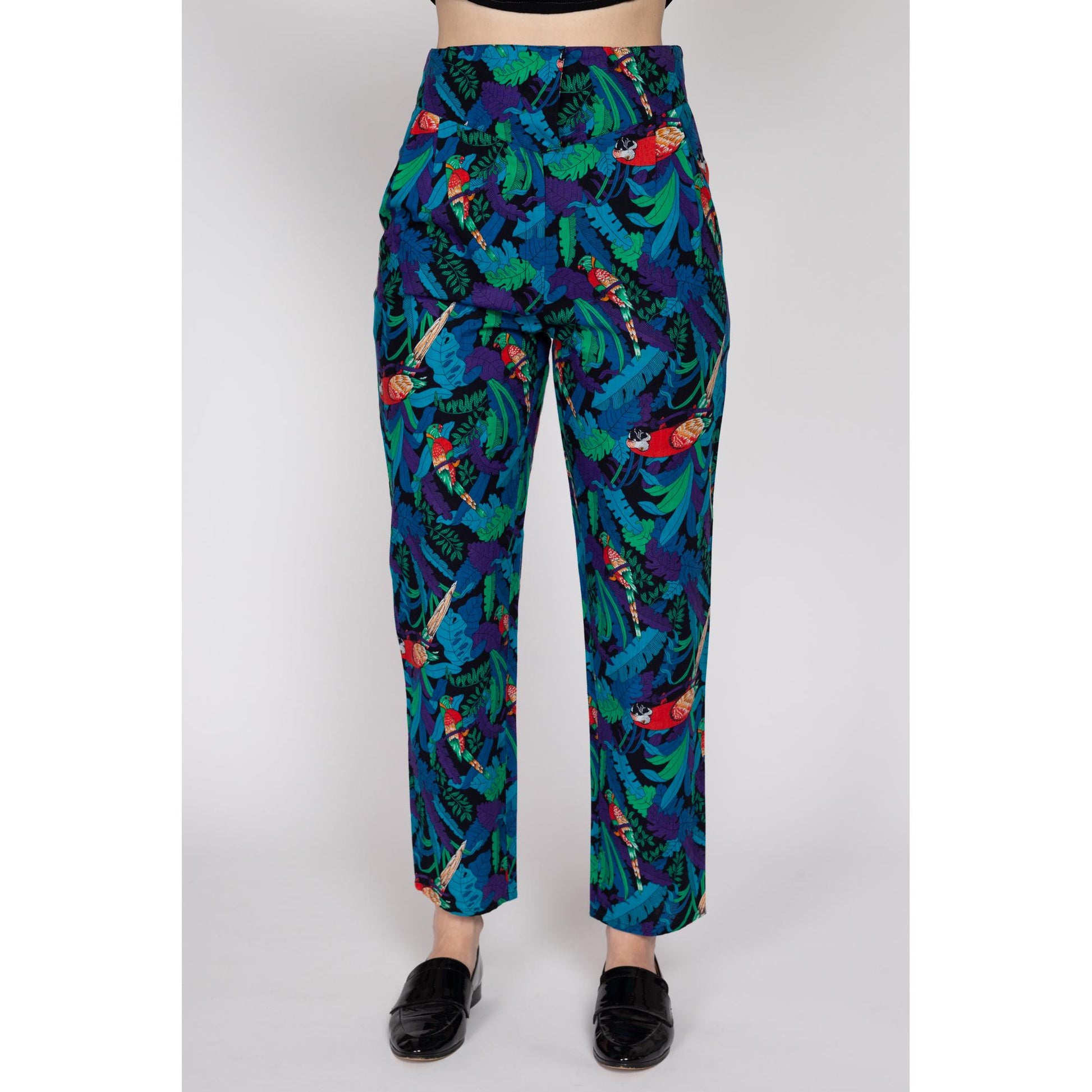 Medium 80s Tropical Parrot Print High Waisted Pants 29" | Vintage Floral Leaf Print Tapered Leg Retro Trousers