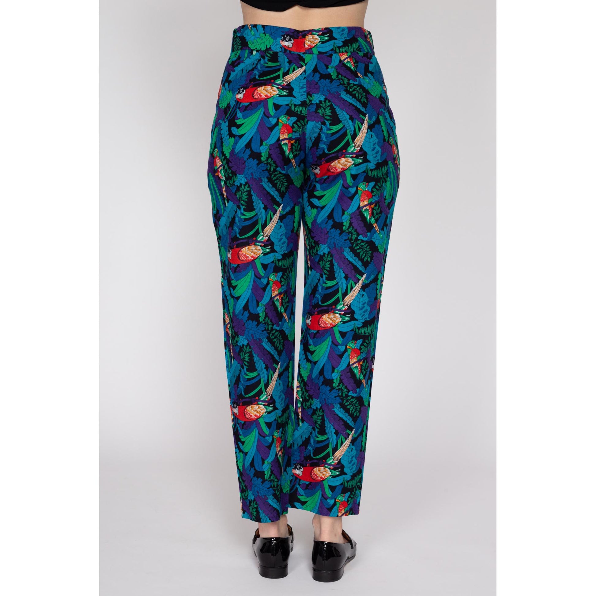 Medium 80s Tropical Parrot Print High Waisted Pants 29" | Vintage Floral Leaf Print Tapered Leg Retro Trousers