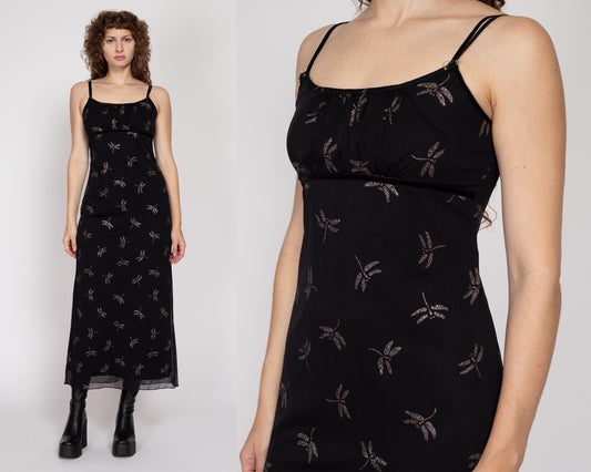 Medium 90s Black Dragonfly Print Dress | Vintage Spaghetti Strap Formal Maxi Party Dress
