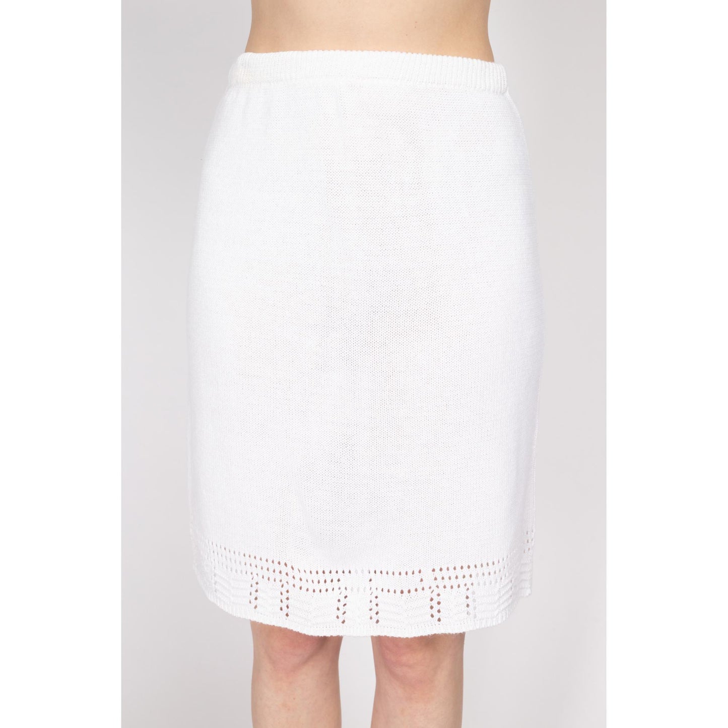 Med-Lrg 90s White Pointelle Knit Mini Skirt | Vintage High Waisted Knee Length Pencil Skirt