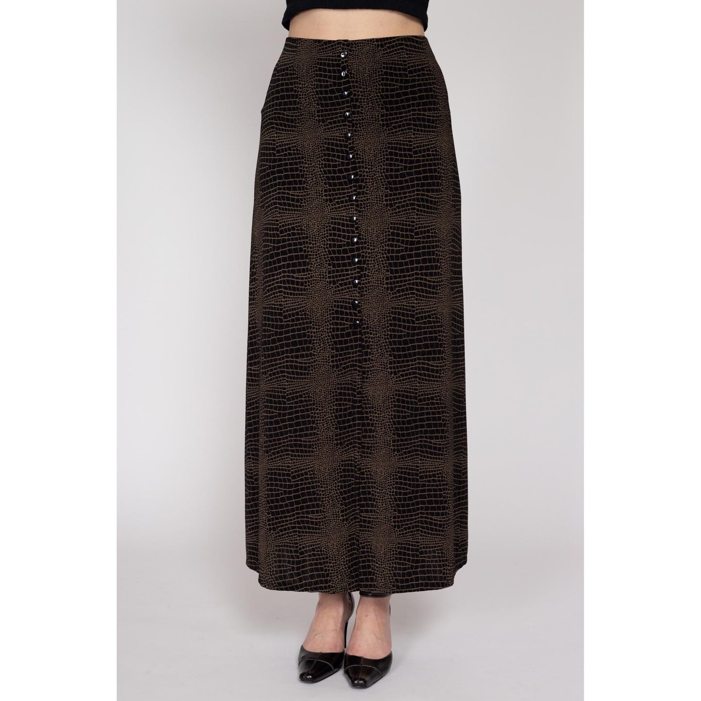 XL-1X 90s Slinky Snakeskin Print Maxi Skirt | Vintage Brown Black Ankle Length Grunge High Waisted Stretchy A Line Skirt