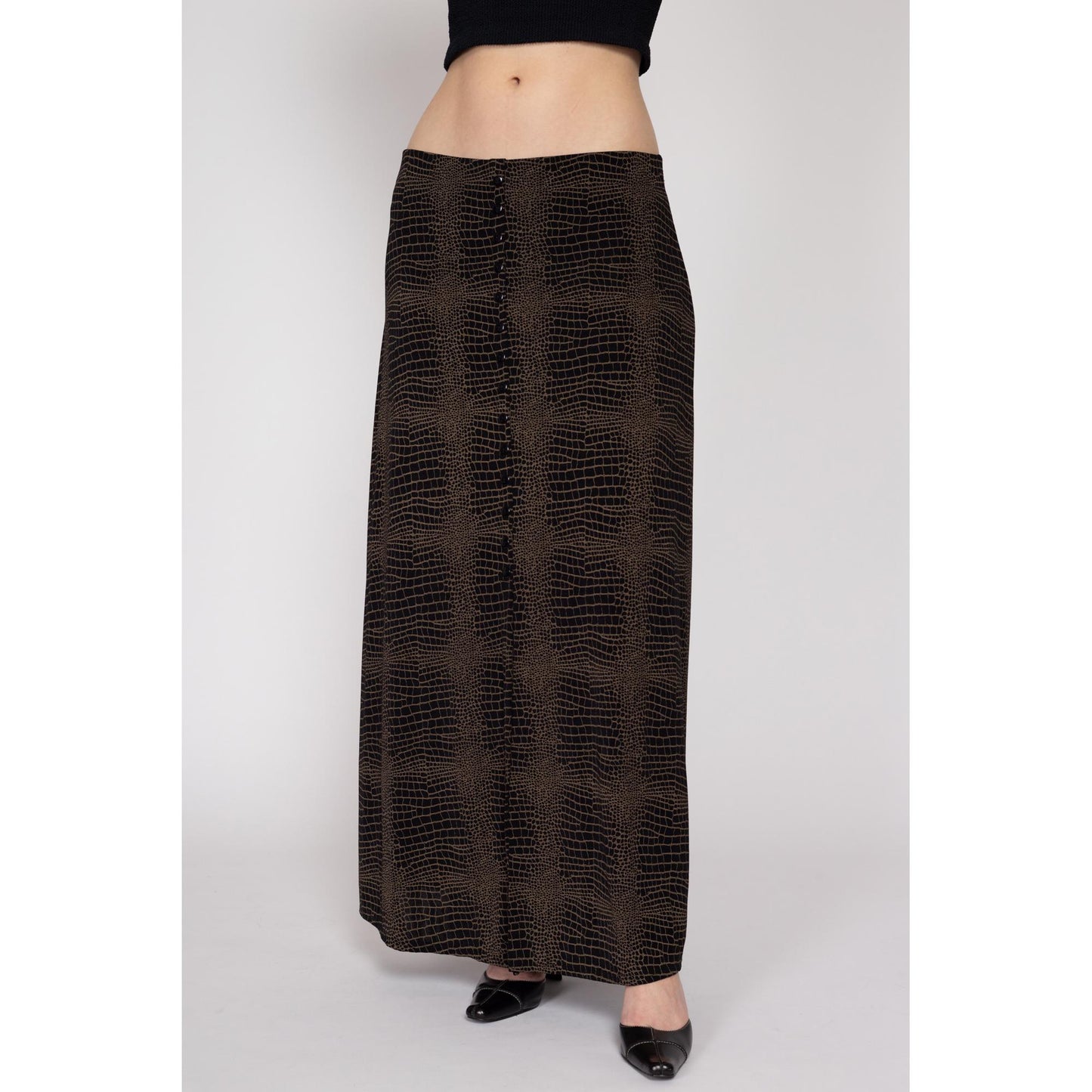 XL-1X 90s Slinky Snakeskin Print Maxi Skirt | Vintage Brown Black Ankle Length Grunge High Waisted Stretchy A Line Skirt