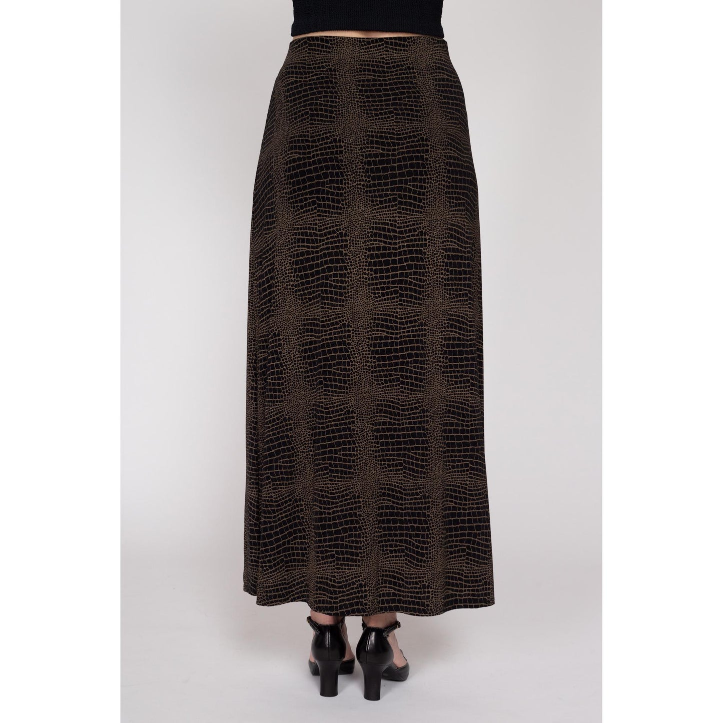 XL-1X 90s Slinky Snakeskin Print Maxi Skirt | Vintage Brown Black Ankle Length Grunge High Waisted Stretchy A Line Skirt