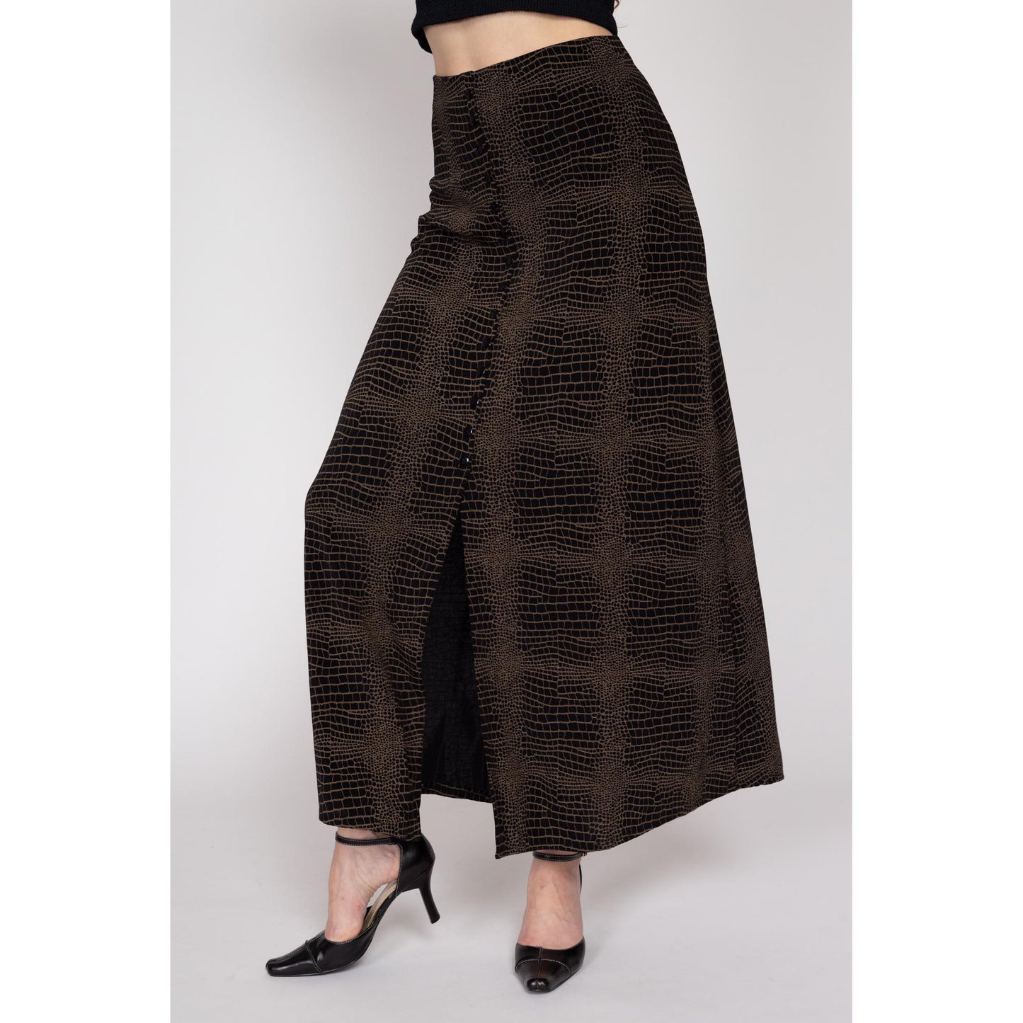 XL-1X 90s Slinky Snakeskin Print Maxi Skirt | Vintage Brown Black Ankle Length Grunge High Waisted Stretchy A Line Skirt