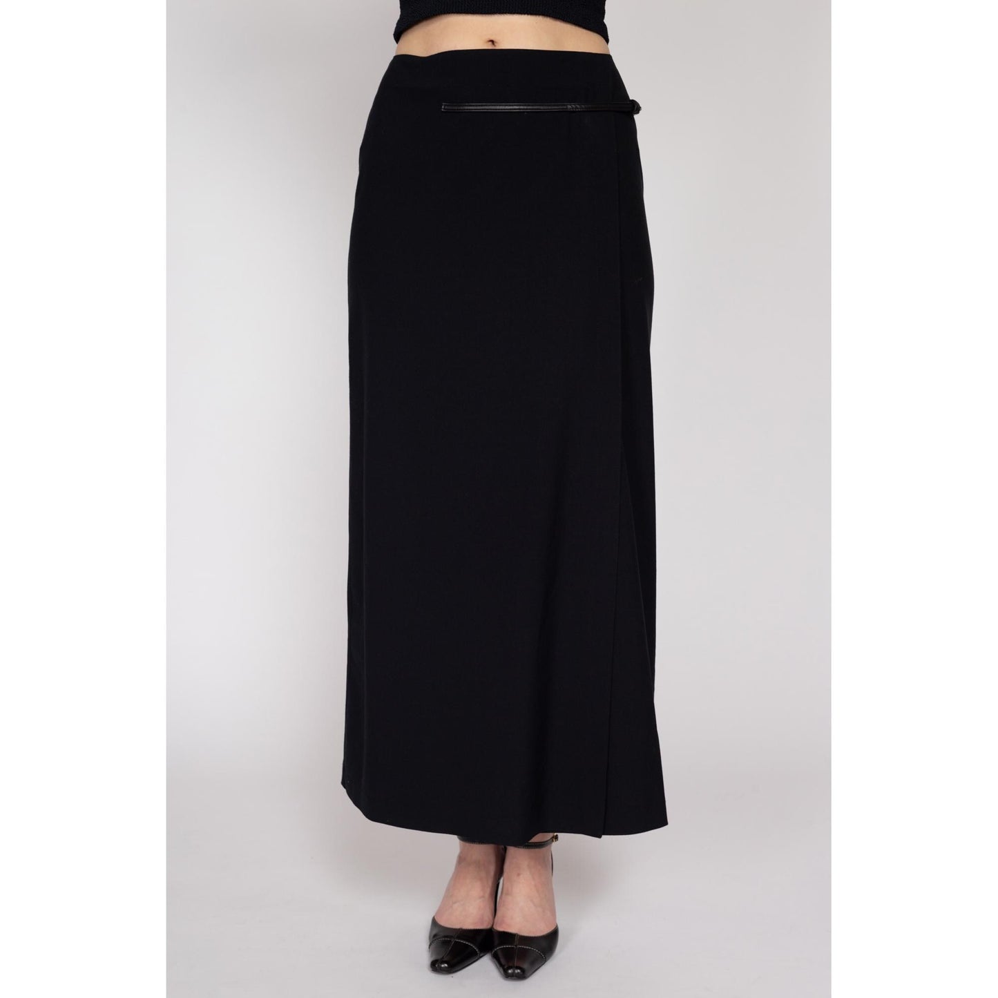 Small 90s Black Maxi Wrap Skirt 27" | Vintage Minimalist High Waisted Long Skirt