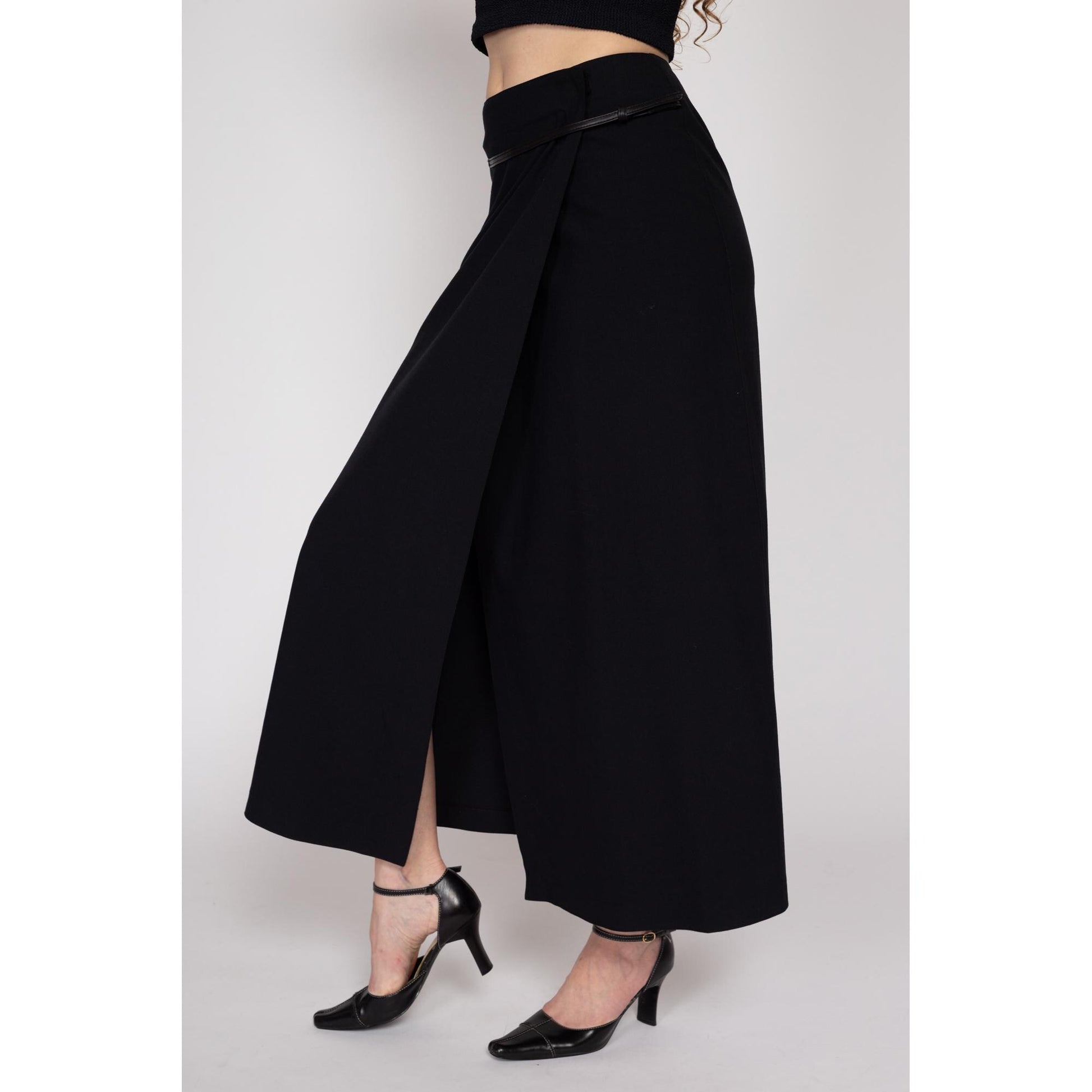 Small 90s Black Maxi Wrap Skirt 27" | Vintage Minimalist High Waisted Long Skirt