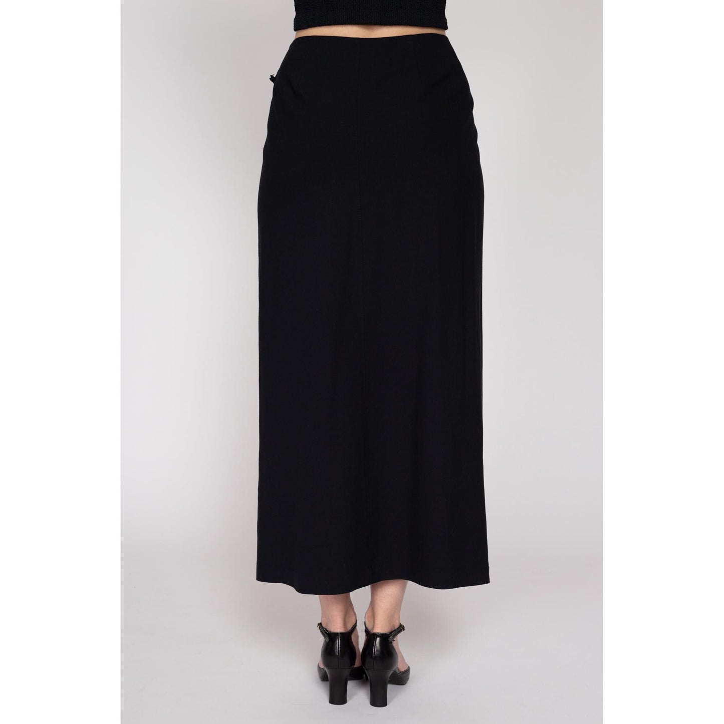 Small 90s Black Maxi Wrap Skirt 27" | Vintage Minimalist High Waisted Long Skirt