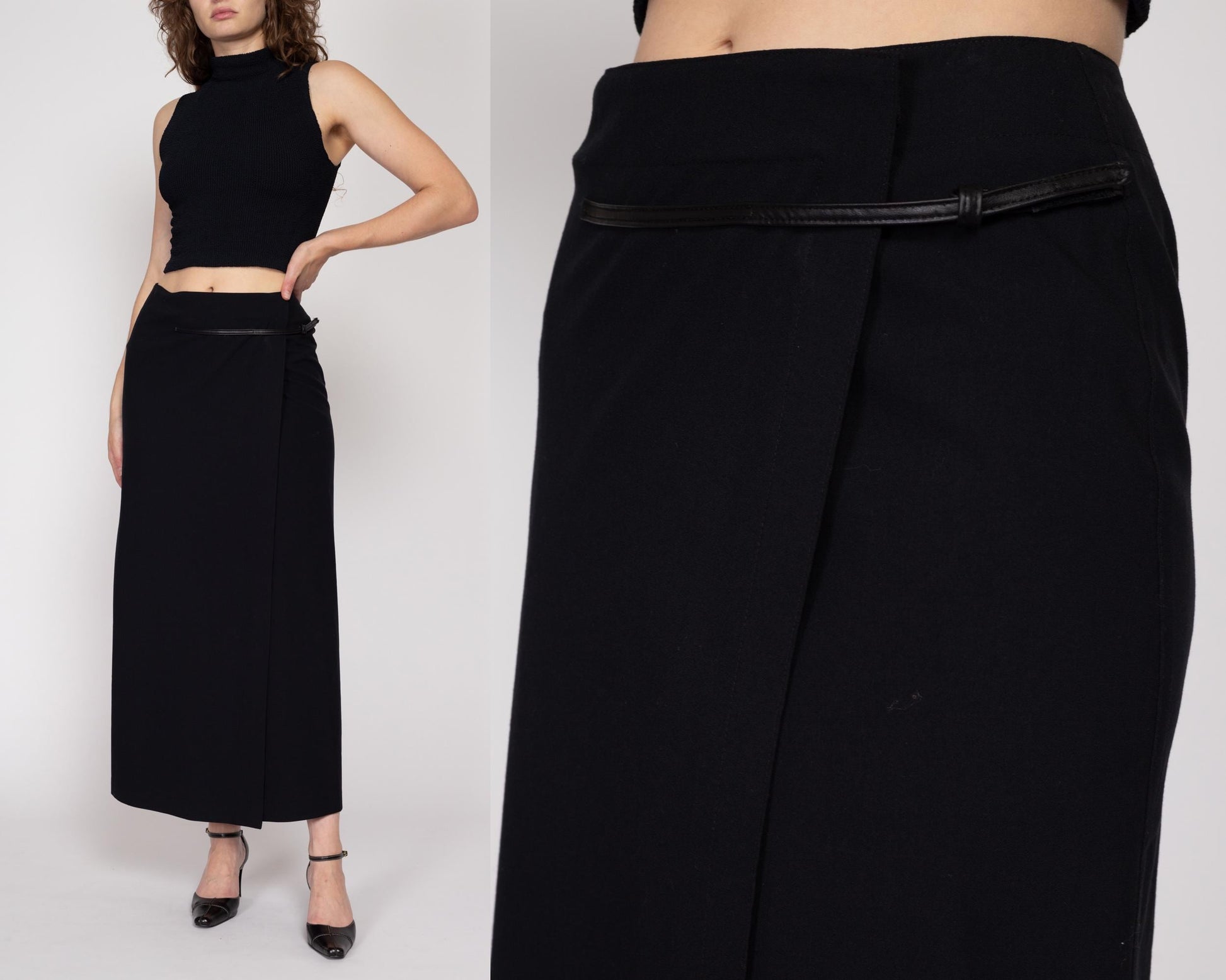 Small 90s Black Maxi Wrap Skirt 27" | Vintage Minimalist High Waisted Long Skirt