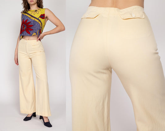 Small 70s Cacharel Cream Wool Flared Pants, As Is | Vintage French Designer Mid Rise Retro Wide Leg Trousers