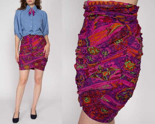 Medium 80s Hot Pink Batik Ruched Mini Skirt | Vintage Super High Waist Fitted Floral Print Skirt