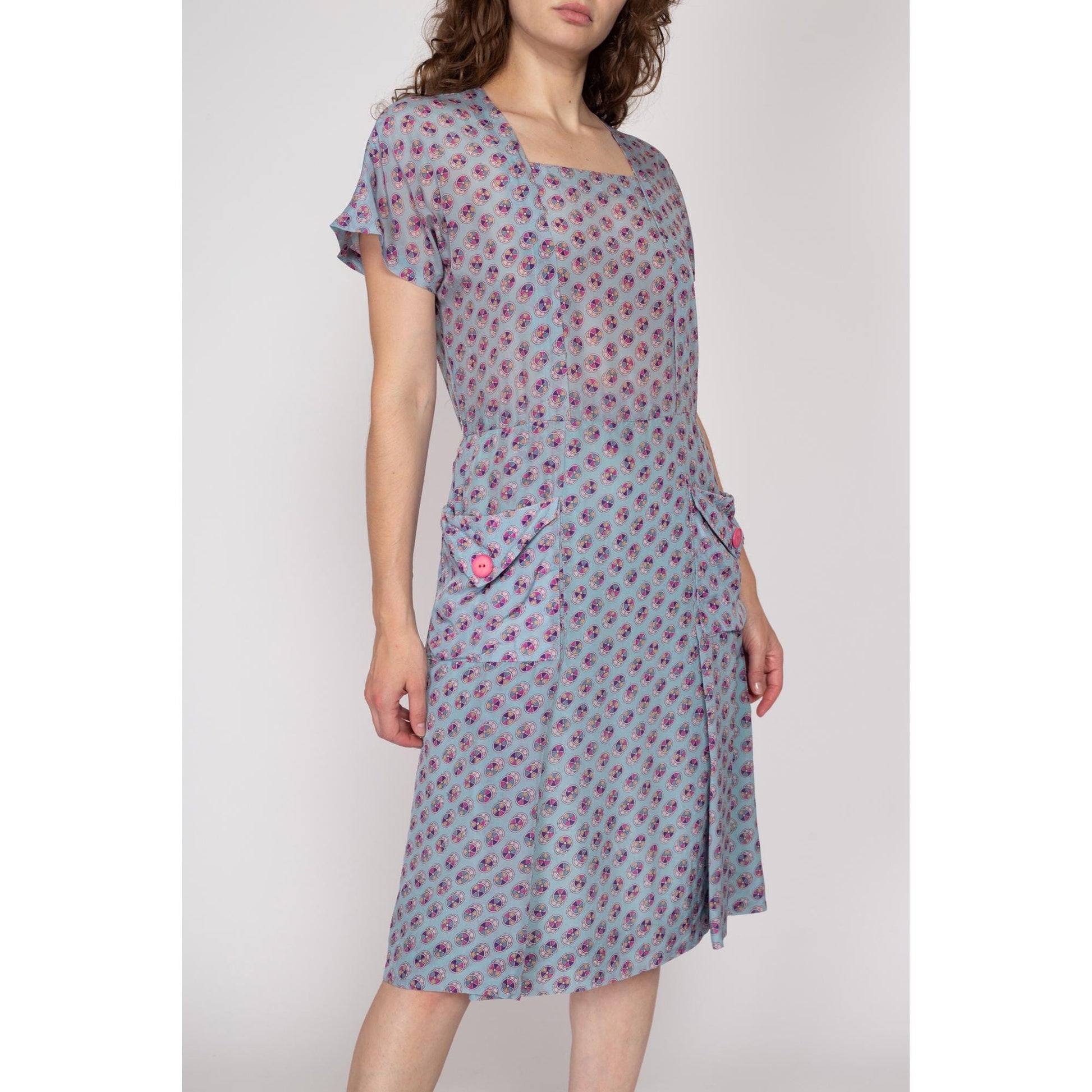 Medium 1930s Style Blue Pinwheel Print Midi Shirtdress | Retro 70s Does 30s 40s Square Neck Short Sleeve Day Dress