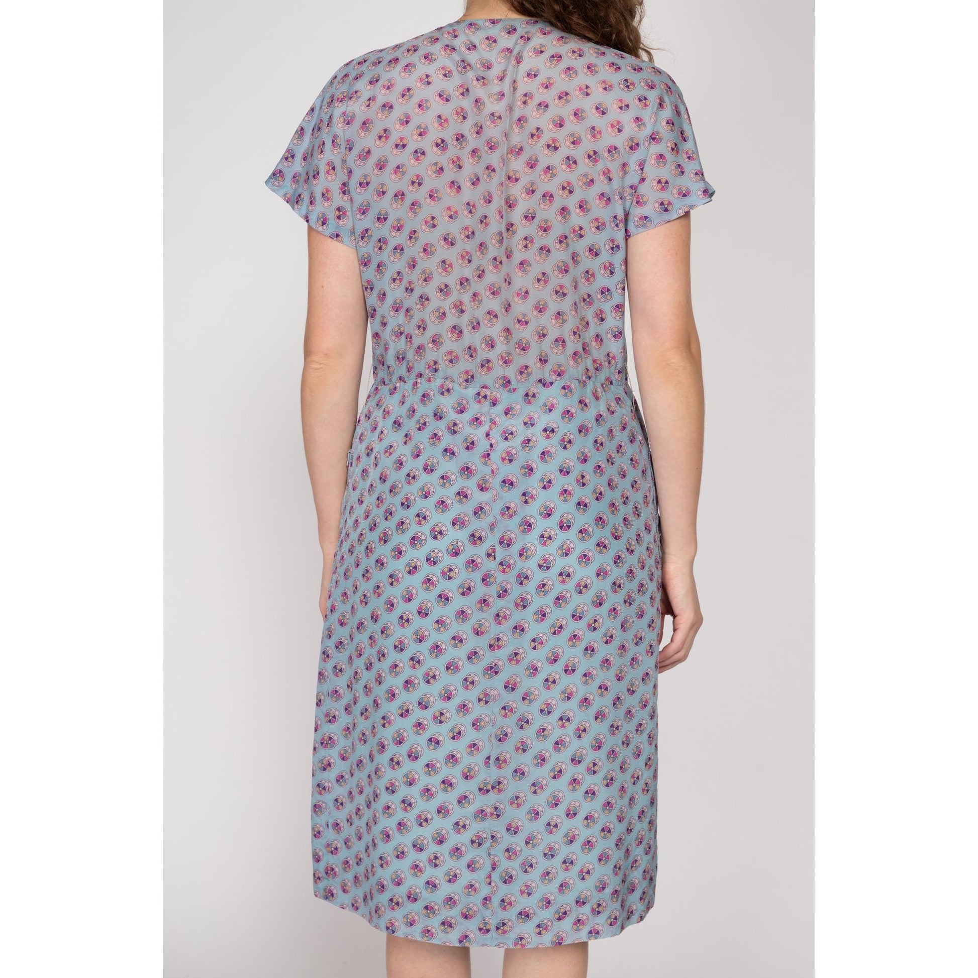 Medium 1930s Style Blue Pinwheel Print Midi Shirtdress | Retro 70s Does 30s 40s Square Neck Short Sleeve Day Dress