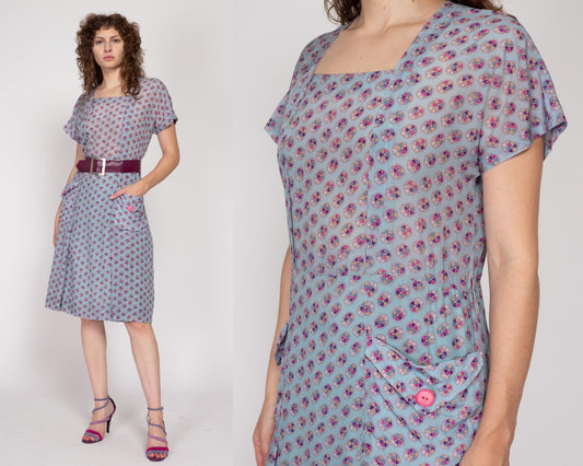 Medium 1930s Style Blue Pinwheel Print Midi Shirtdress | Retro 70s Does 30s 40s Square Neck Short Sleeve Day Dress