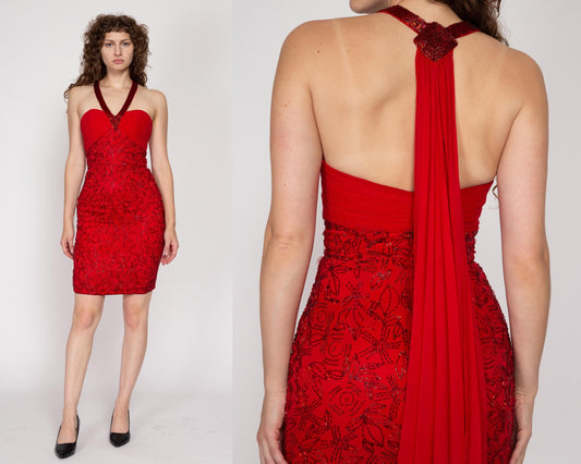 XS 80s Red Silk Beaded Halter Mini Dress, As Is | Vintage Alyce Designs Capelet Train Bodycon Party Dress