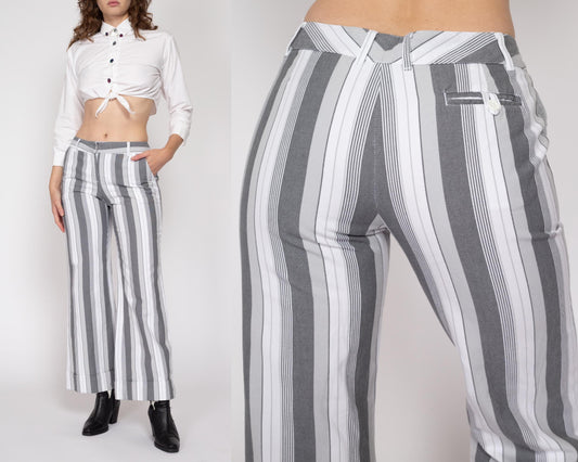 Small Y2K Grey & White Striped Flared Pants | Vintage Mid Rise Wide Leg Bell Bottom Trousers