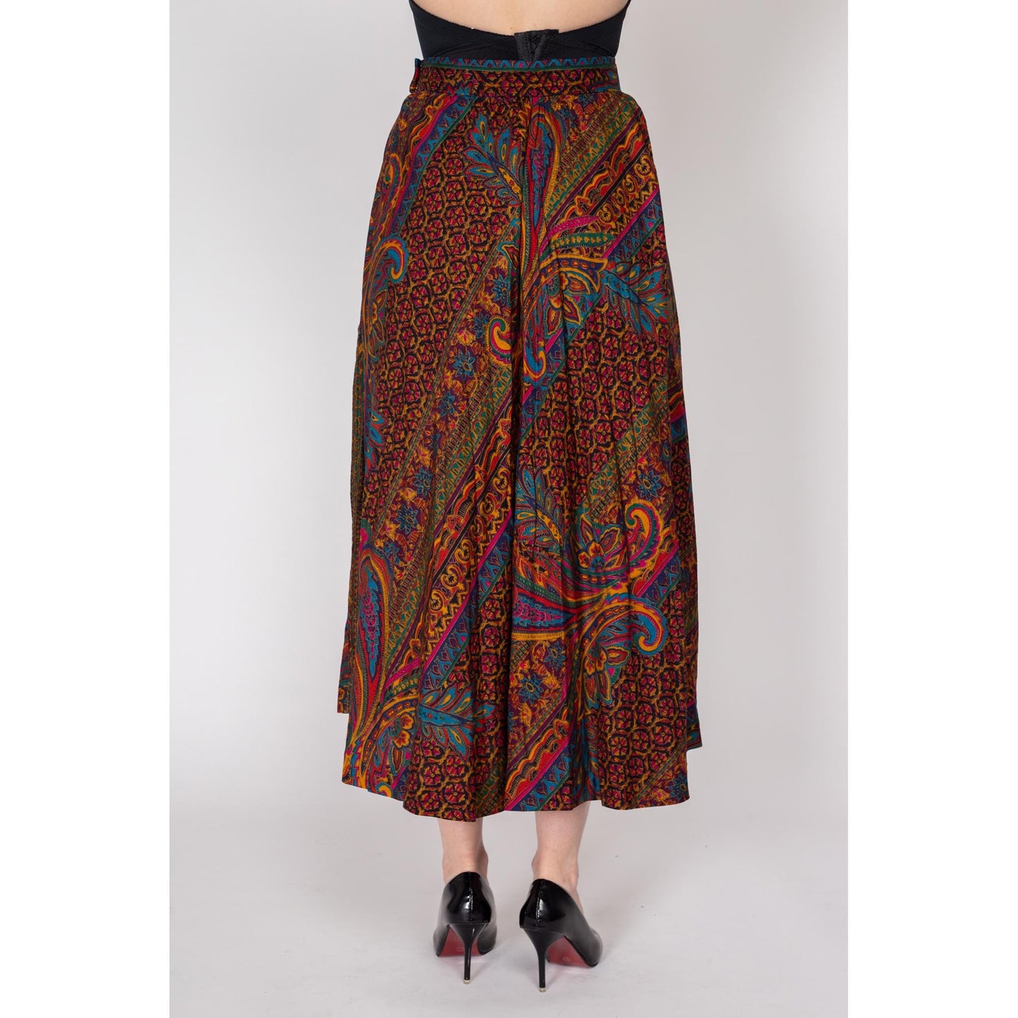 Large 80s Baroque Jewel Tone Floral Maxi Skirt | Vintage High Waisted A Line Boho Skirt