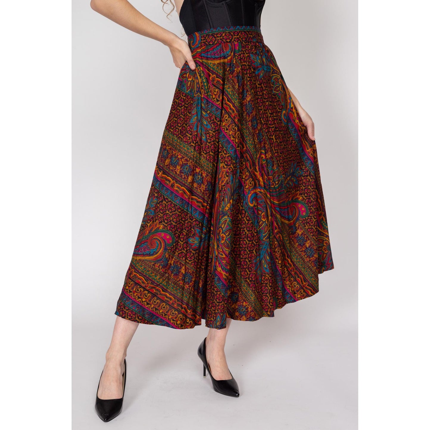 Large 80s Baroque Jewel Tone Floral Maxi Skirt | Vintage High Waisted A Line Boho Skirt