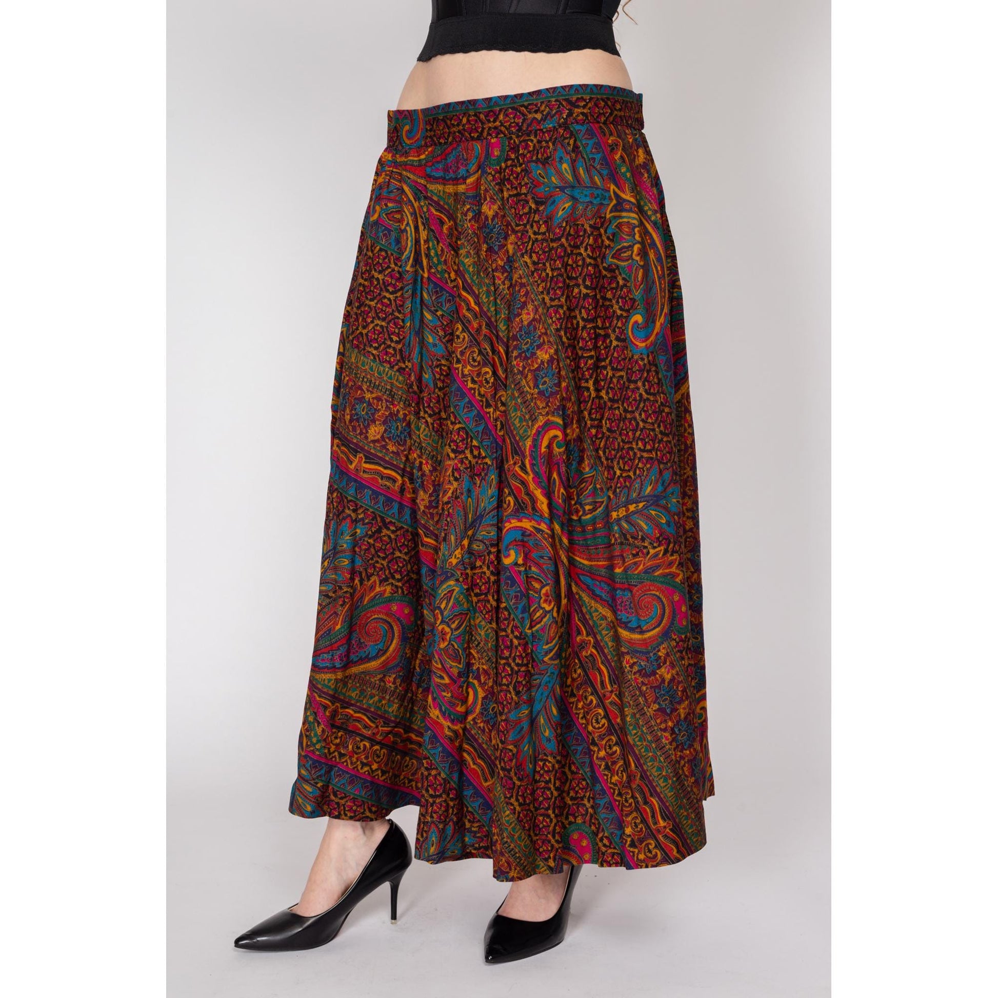 Large 80s Baroque Jewel Tone Floral Maxi Skirt | Vintage High Waisted A Line Boho Skirt