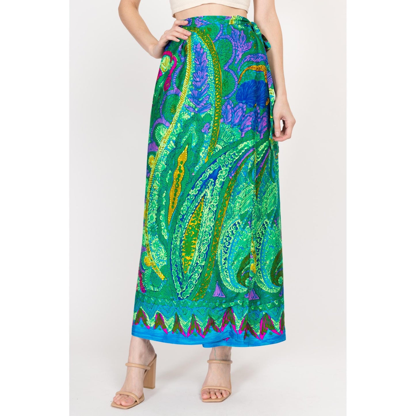 Medium 70s Green Batik Barkcloth Maxi Wrap Skirt | Vintage High Waisted A Line Boho Tropical Floral Skirt