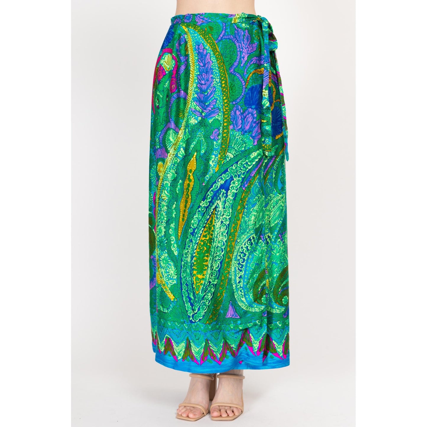 Medium 70s Green Batik Barkcloth Maxi Wrap Skirt | Vintage High Waisted A Line Boho Tropical Floral Skirt