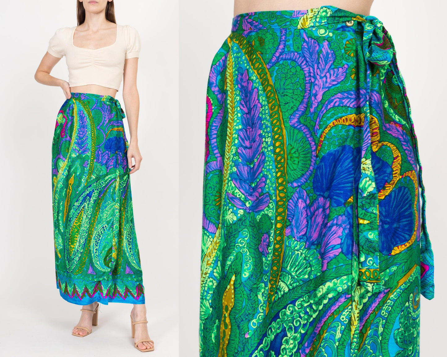 Medium 70s Green Batik Barkcloth Maxi Wrap Skirt | Vintage High Waisted A Line Boho Tropical Floral Skirt