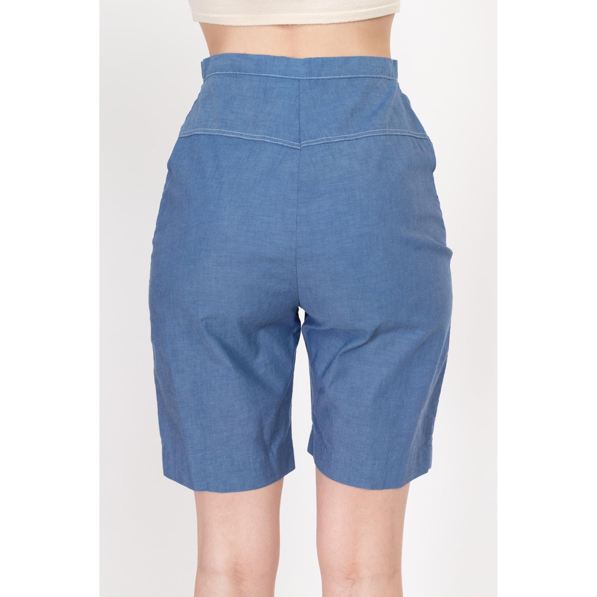 XS 60s Blue High Waisted Bermuda Shorts 25" | Retro Vintage Hourglass Curvy Fit Long Inseam Shorts