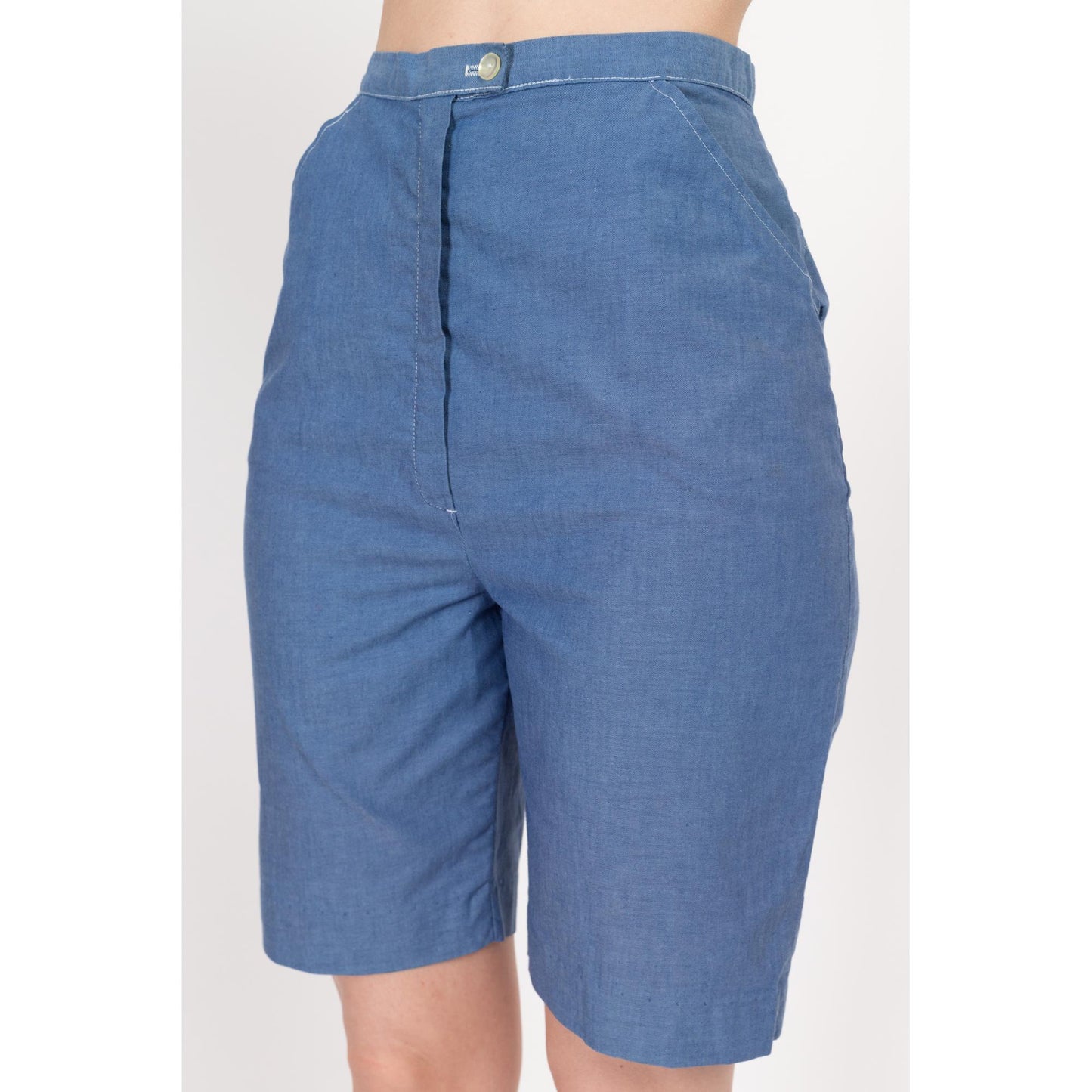 XS 60s Blue High Waisted Bermuda Shorts 25" | Retro Vintage Hourglass Curvy Fit Long Inseam Shorts