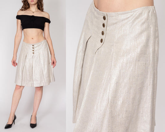 Small Y2K Gunex Silver Linen Pleated Skirt | Vintage Metallic Made In Italy Mid Rise Knee Length Shiny Skirt