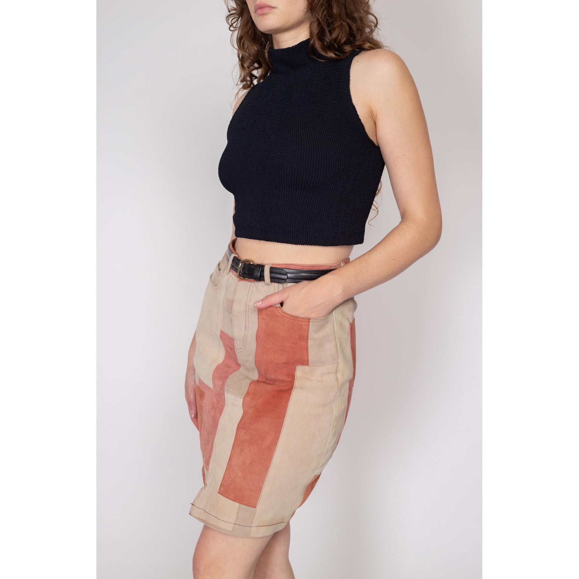 Medium Suede Patchwork Mini Skirt | Vintage High Waisted Pink Beige Leather Pencil Skirt