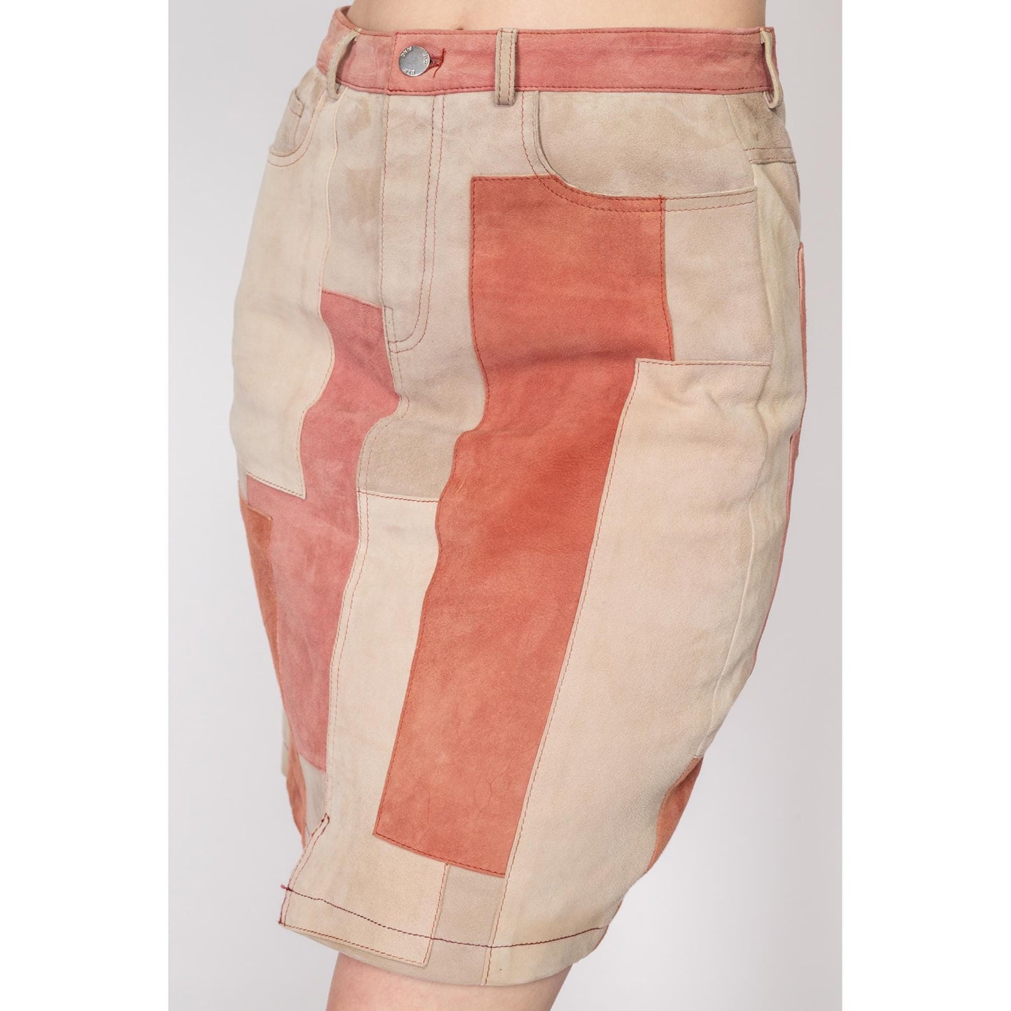 Medium Suede Patchwork Mini Skirt | Vintage High Waisted Pink Beige Leather Pencil Skirt