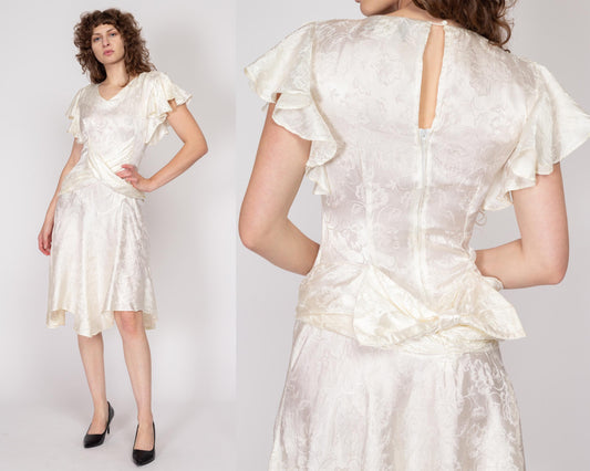 Medium 80s Ivory Jacquard Floral Midi Party Dress | Vintage 30s 40s Style Flutter Sleeve Scarf Hem Retro Dress