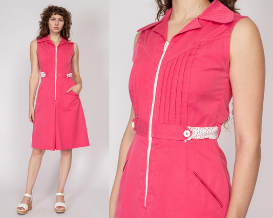 Small 70s Pink & White Raffia Belt Sundress | Retro Vintage Zip Front Sleeveless A Line Midi Dress