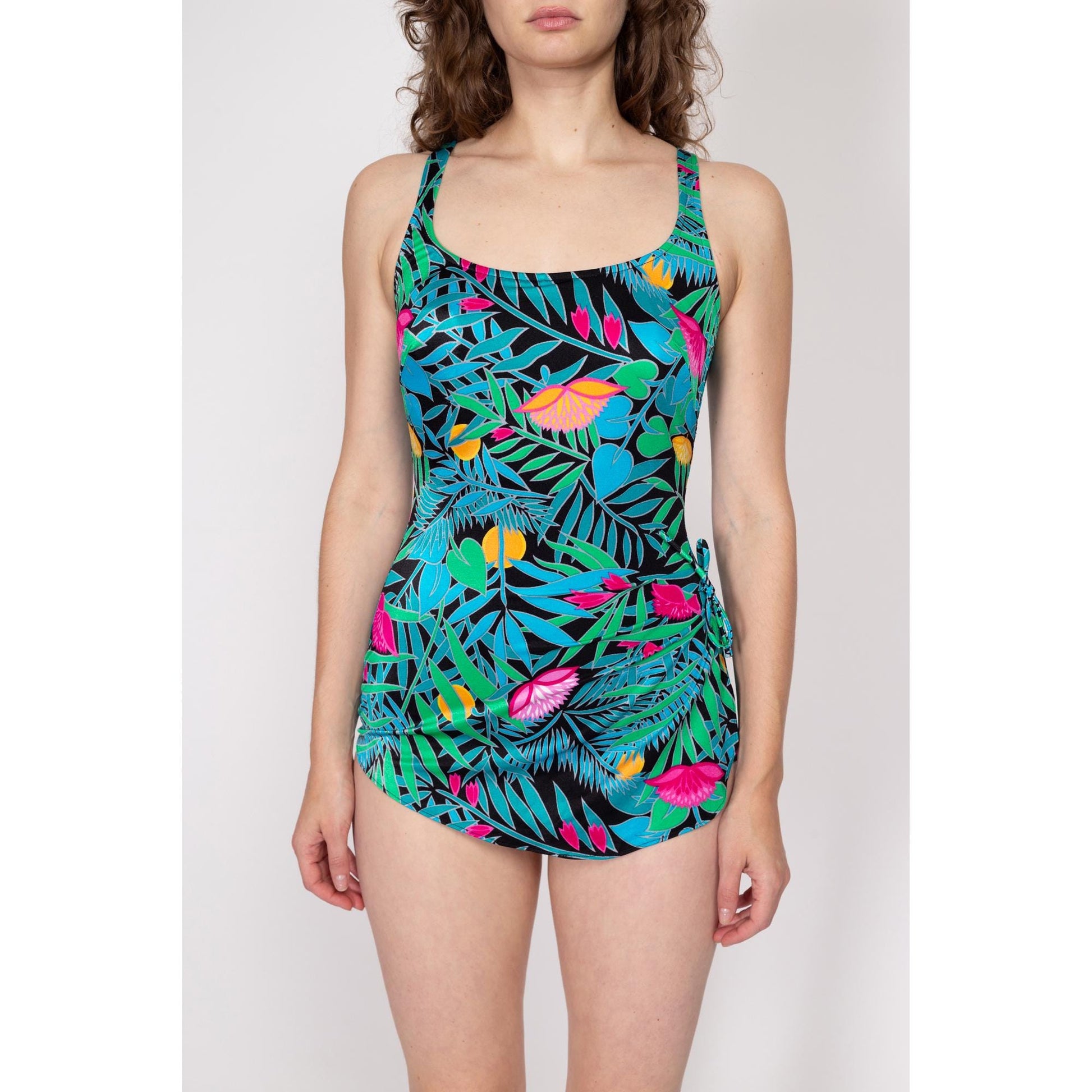 Medium 70s 80s Tropical Floral & Leaf Print One Piece Swimsuit | Vintage Low Back Blue Green Bathing Suit