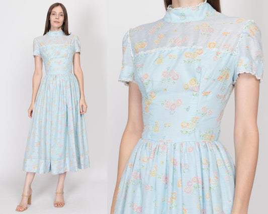 XS 70s Baby Blue Daisy Floral Maxi Dress | Boho Vintage Lace Trim Sheer Panel Hippie Prairie Gown
