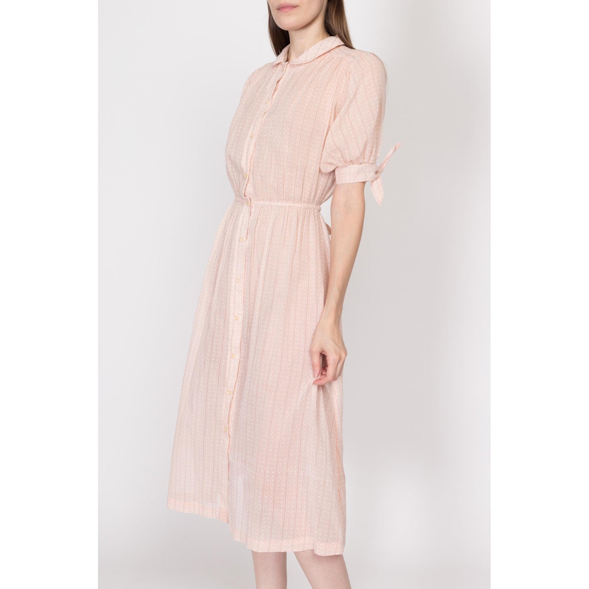 XS-Sm 70s Pastel Pink Sheer Midi Shirtdress | Vintage Striped Polka Dot Puff Sleeve Button Up Dress