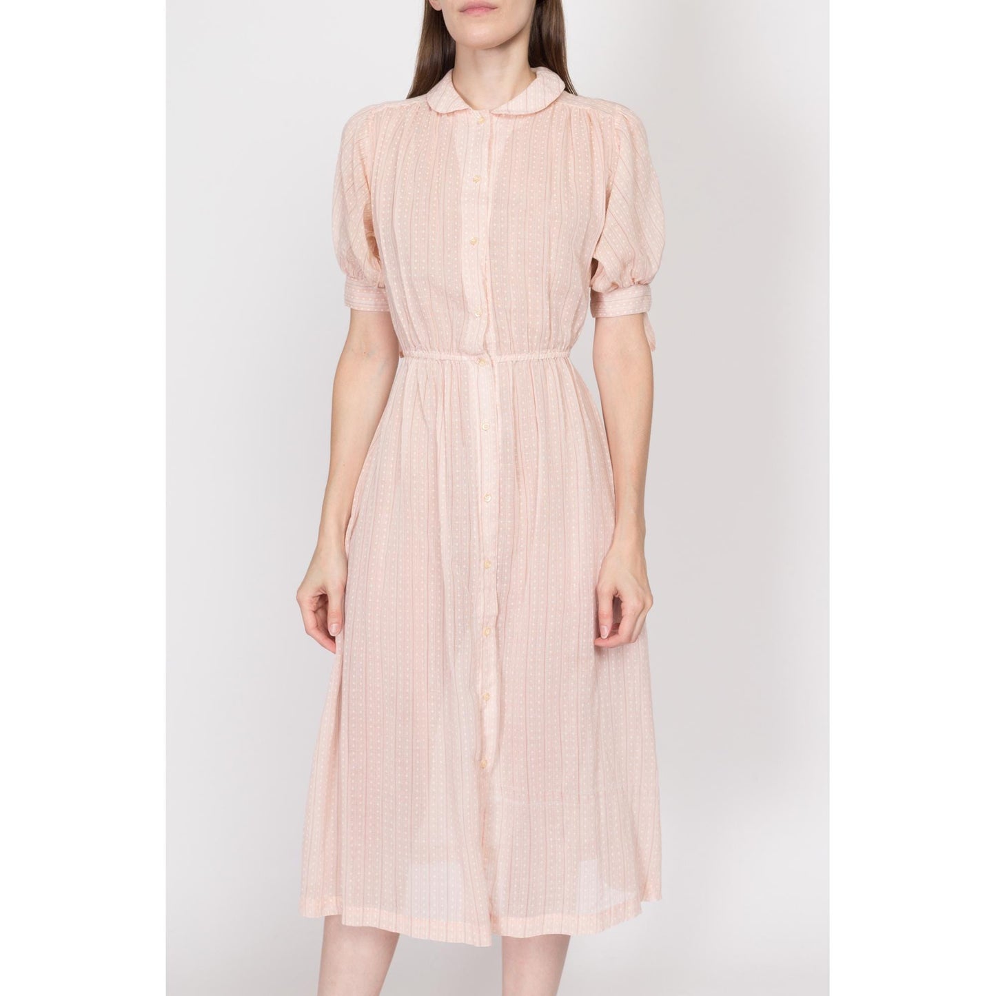 XS-Sm 70s Pastel Pink Sheer Midi Shirtdress | Vintage Striped Polka Dot Puff Sleeve Button Up Dress