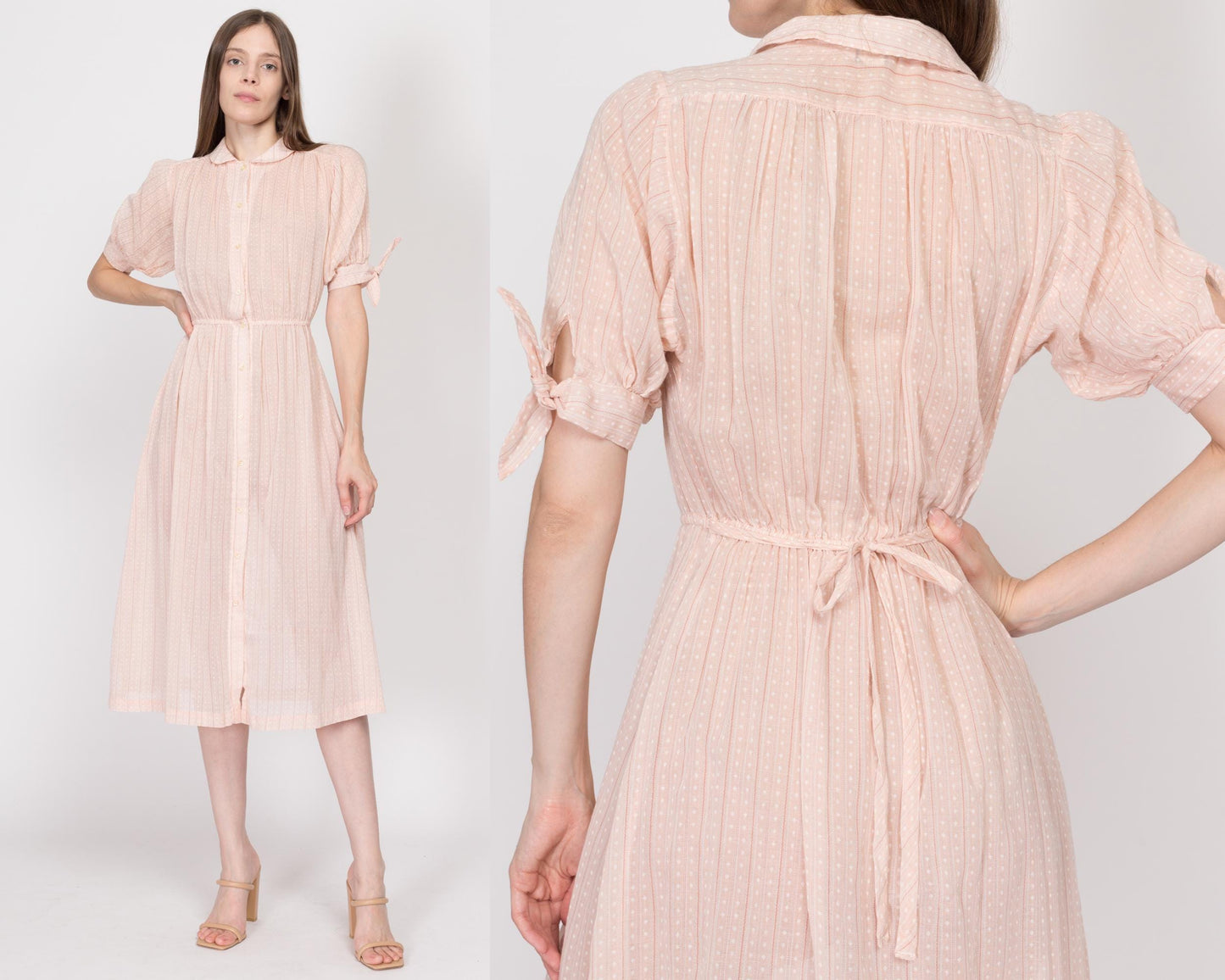 XS-Sm 70s Pastel Pink Sheer Midi Shirtdress | Vintage Striped Polka Dot Puff Sleeve Button Up Dress