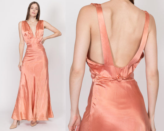 Small 1930s Peach Pink Satin Low Back Gown, As Is | Vintage 30s V Neck Backless Bias Cut Costume Maxi Dress