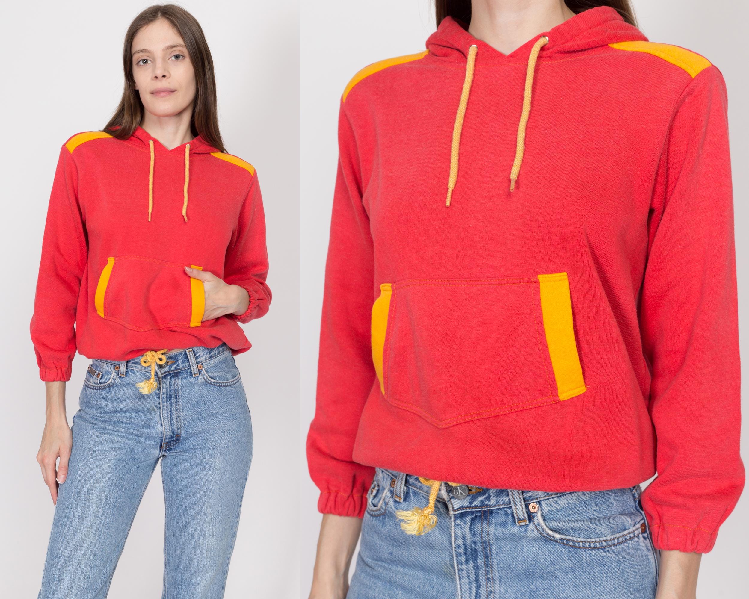 Petite Small 80s Red Yellow Color Block Hoodie Flying Apple Vintage