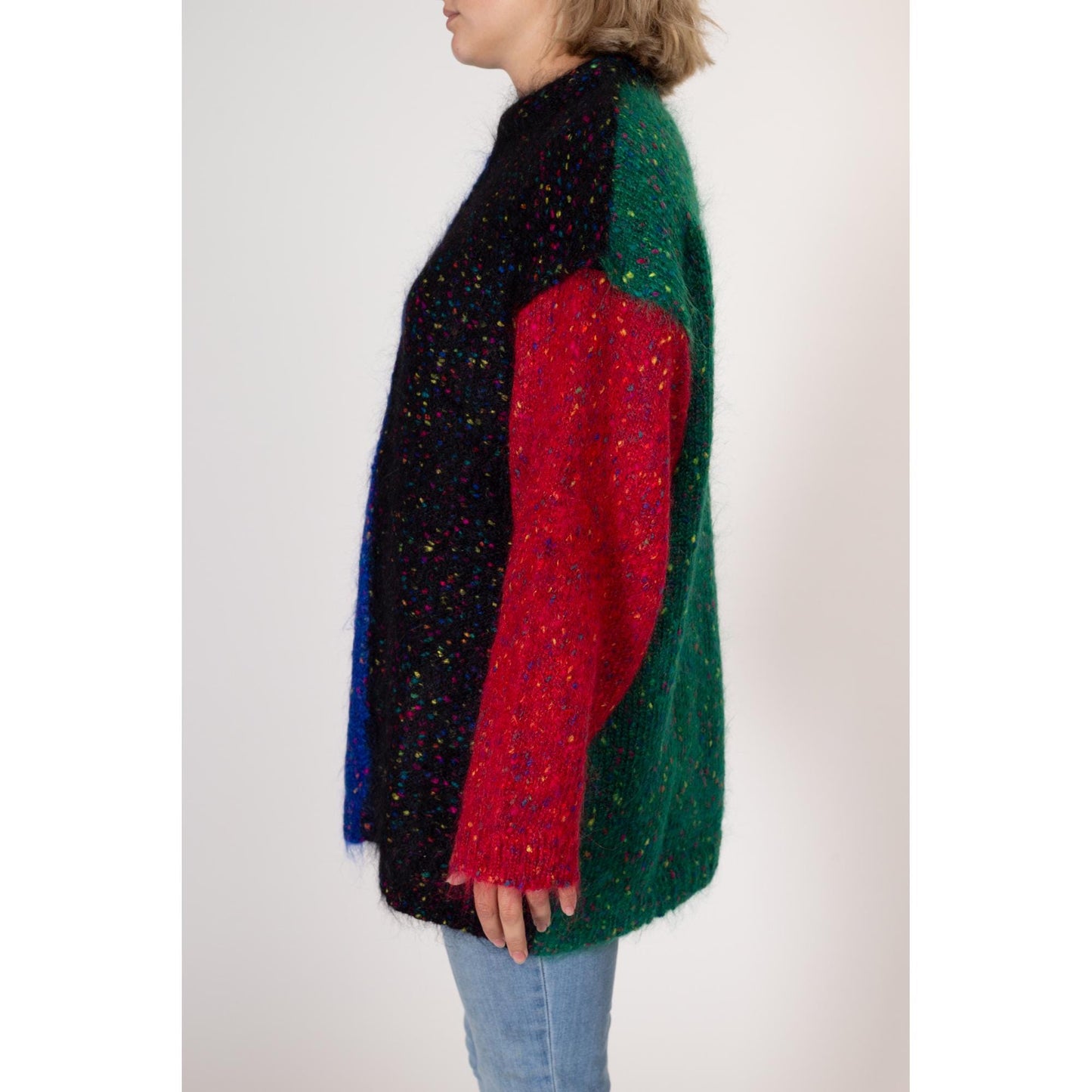 Large 90s Mohair Color Block Sweater | Vintage Fuzzy Knit Flecked Long Oversize Sweater