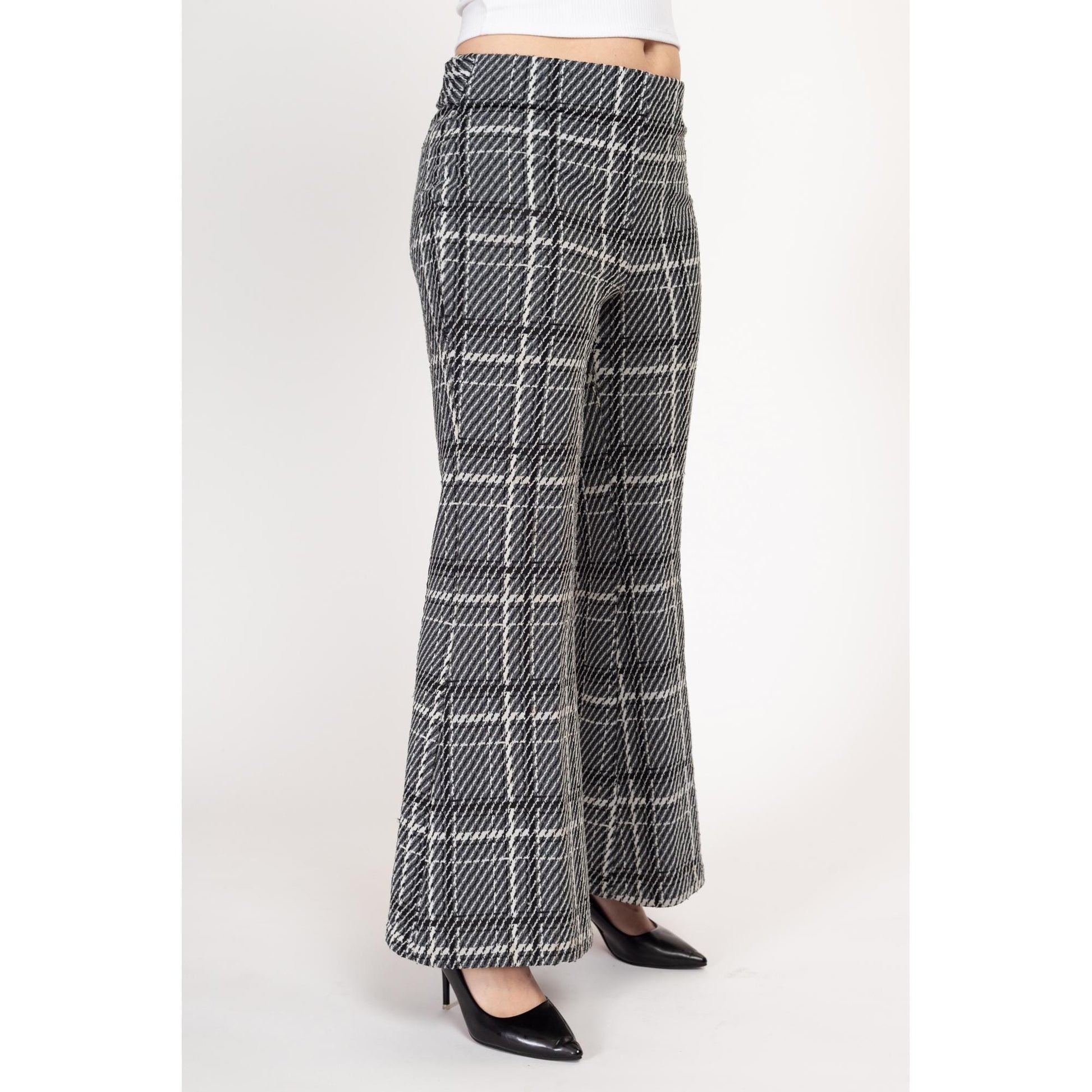 Medium 70s Black & White Plaid Flared Pants | Vintage High Rise Elastic Waist Polyester Trousers