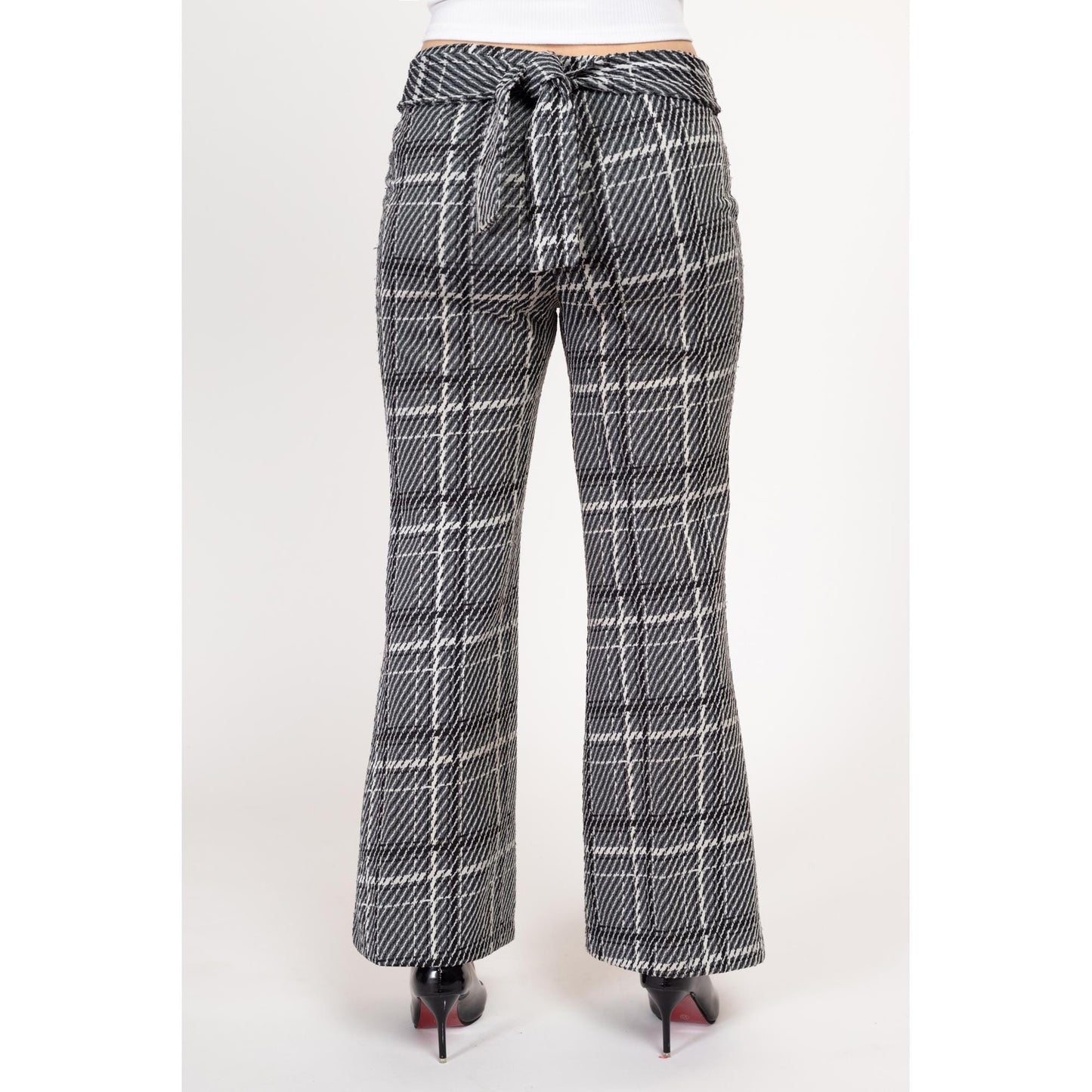 Medium 70s Black & White Plaid Flared Pants | Vintage High Rise Elastic Waist Polyester Trousers