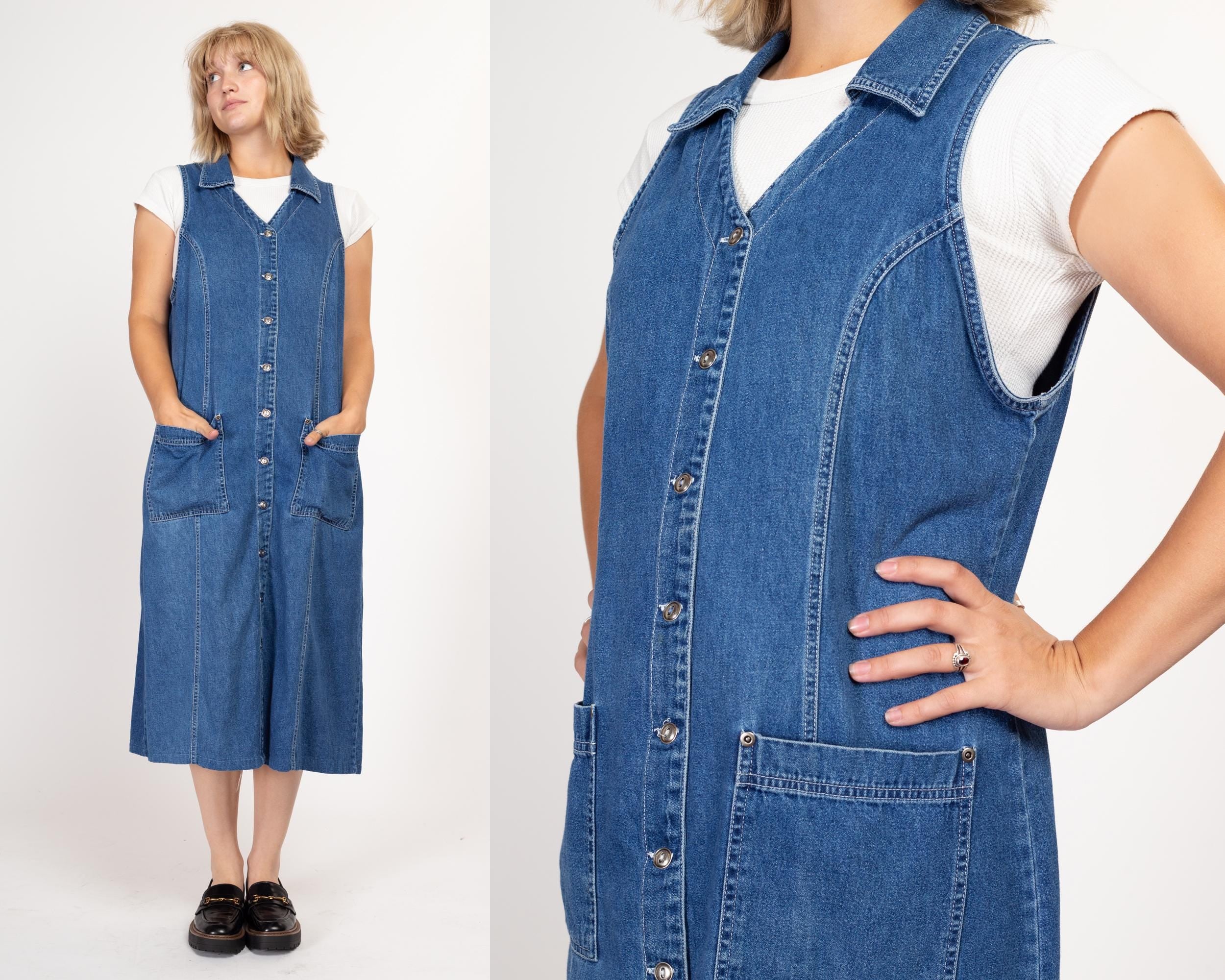 Large 90s Denim Midi Pinafore Dress Flying Apple Vintage