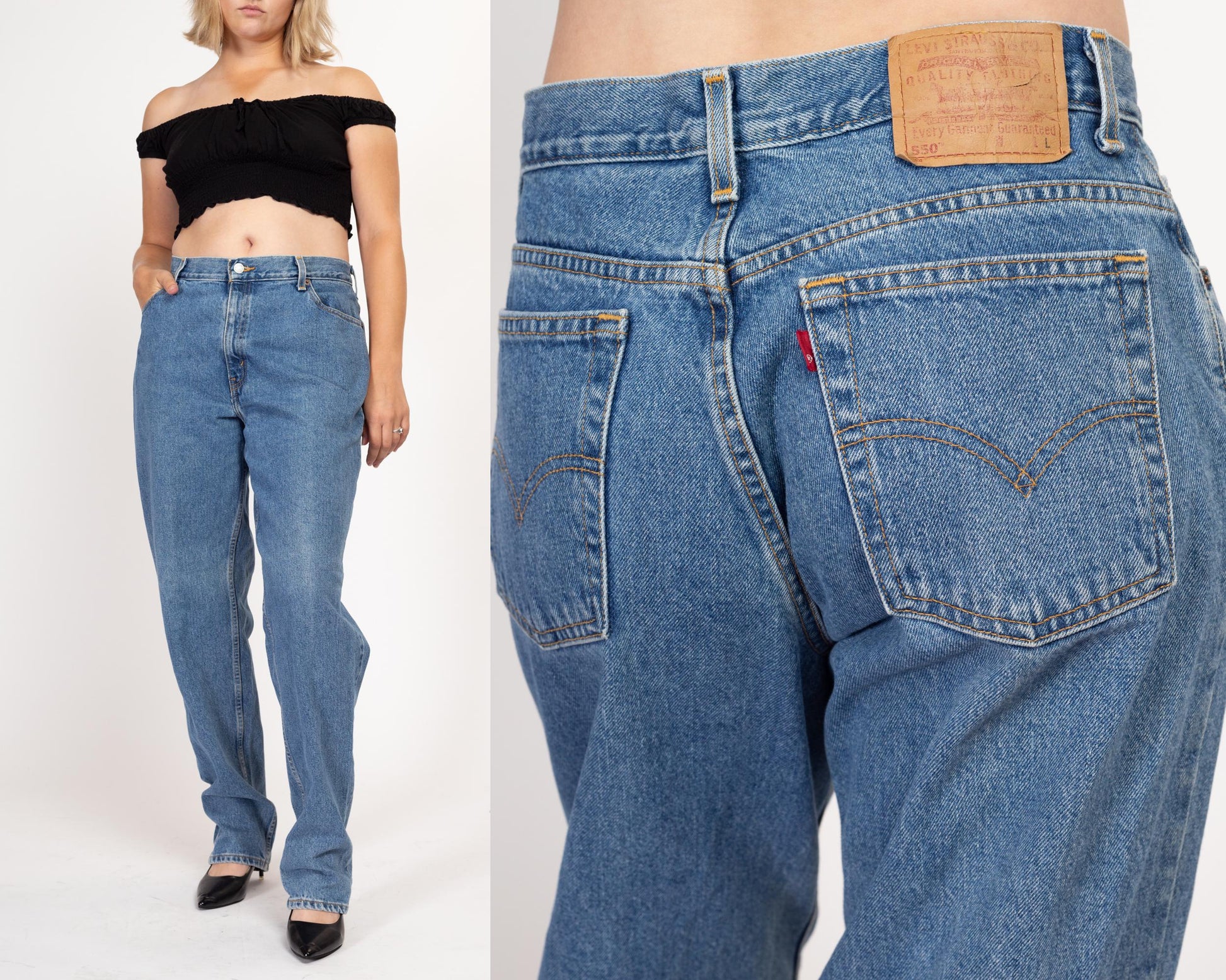 Large 90s Levis 550 High Waisted Mom Jeans 33" | Vintage Levi's Medium Wash Denim Tapered Leg Jeans