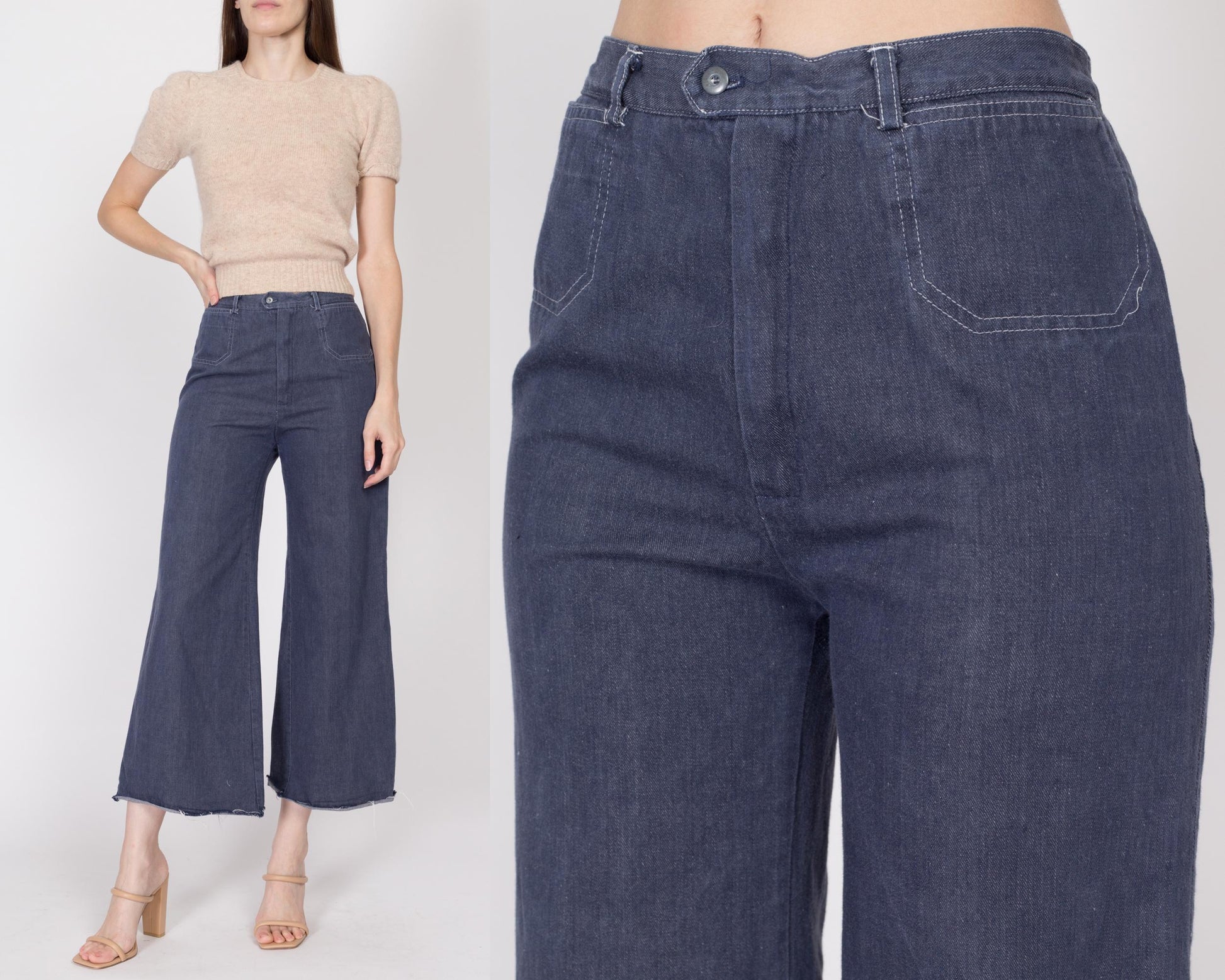 Small 70s Dark Wash Cut Off Sailor Jeans 27" | Vintage Alice Blaine High Waisted Chambray Denim Boho Flared Leg Jeans